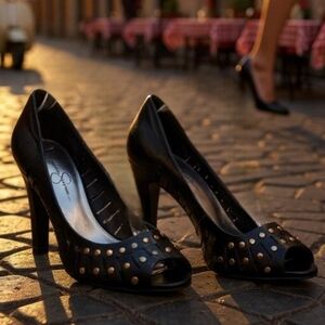 Jessica Simpson Laverna Heels – Black Leather Gold Studs – Size 8½ Open Toe